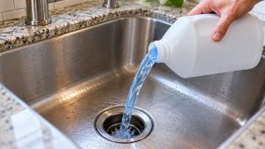 Chemical drain cleaner being poured into a kitchen sink drain